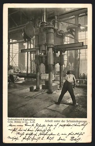 AK Kapfenberg, Gussstahlwerk Gebr. Böhler & Co., Arbeit unter der Schmiedepresse