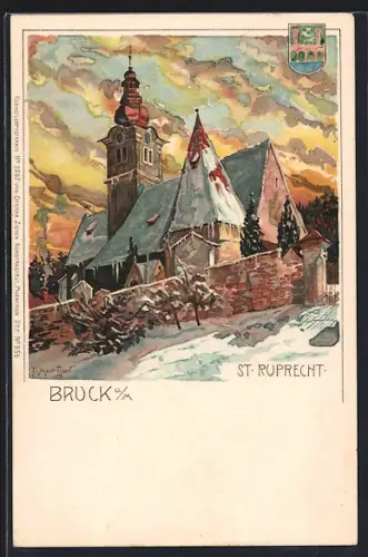 Lithographie Bruck a.d. Mur, Kirche St. Ruprecht im Winter