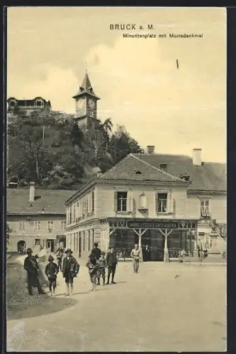 AK Bruck a. Mur, Minoritenplatz mit Morredenkmal u. Cafe Austria