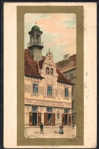 AK Graz, Geschäft Gottfried Maurer mit Glockenturm, Passepartout