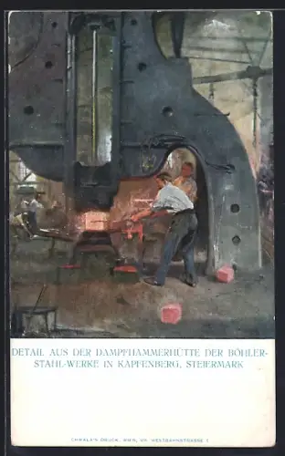 Künstler-AK Kapfenberg, Arbeiter in der Dampfhammerhütte der Böhler-Stahl-Werke