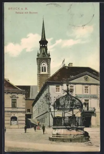 AK Bruck an der Mur, Rathaus mit Brunnen
