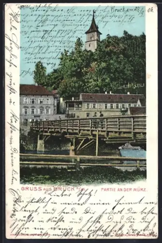 AK Bruck a. M., Mürzpartie mit Brücke und Kirchturm