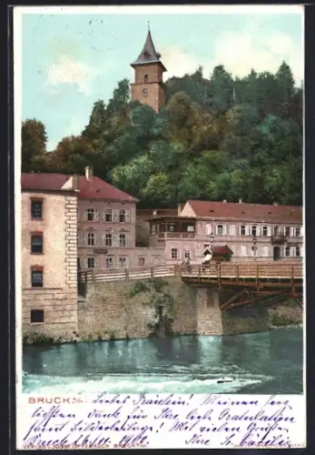 AK Bruck a. M., Blick vom Wasser auf den Ort