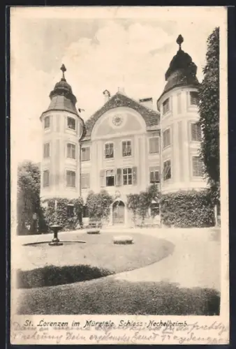 AK St. Lorenzen im Mürztale, Schloss Nechelheimb. mit Gartenanlage und Wasserspiel