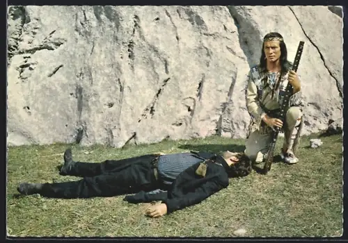 AK Schauspieler Pierre Brice und Schauspieler Mila Baloh in Unter Geiern, Auch Weller kann seinem Schicksal...