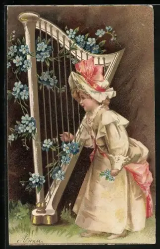 AK Fräulein mit Hut und Blumen spielt Harfe, Geburtstagsgruss