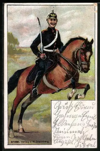 Lithographie Artillerie-Soldat mit Säbel zu Pferd