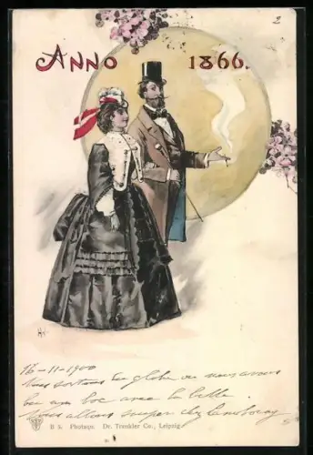 AK Rauchender Herr und elegante Dame, Mode anno 1866