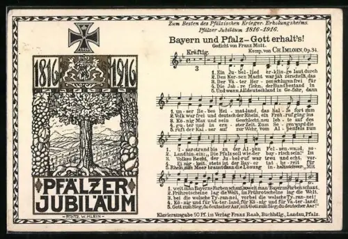 AK Pfälzer Jubiläum 1816-1916, Pfälzer Krieger-Erholungsheim, Eisernes Kreuz 1914