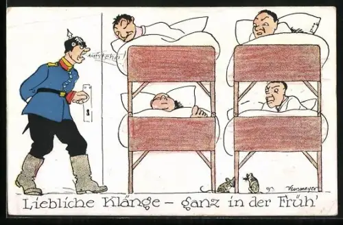 Künstler-AK sign.: Klusmeyer: Feldwebel weckt Soldaten in der Früh