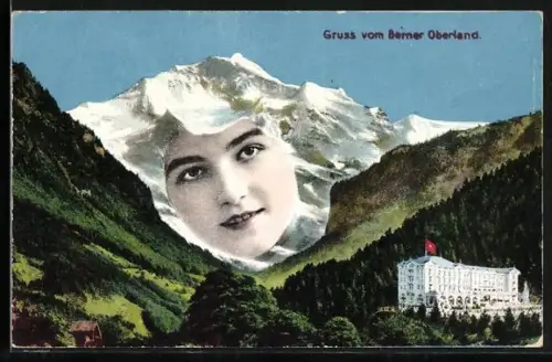 AK Gruss vom Berner Oberland, Hotel und Berg mit Gesicht / Berggesichter