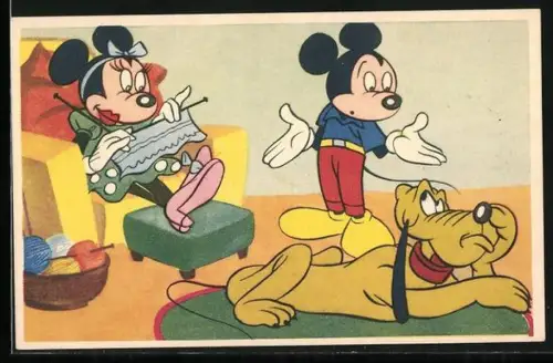 Künstler-AK Micky Maus und Minni Maus mit Pluto