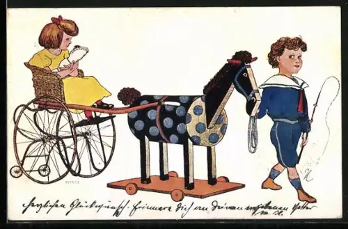 AK Mädchen mit Puppe auf Kinder-Kutsche, Junge im Matrosenanzug als Pferdeführer