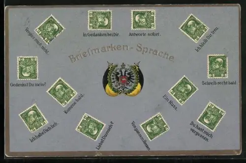 AK Zwölf verschiedene Möglichkeiten der Briefmarken-Sprache