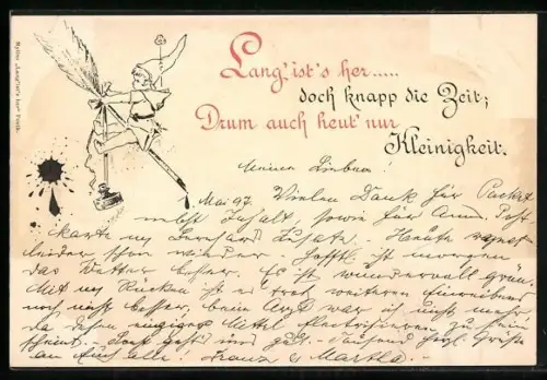 AK Kleiner Kobold mit Feder und Tintenfass, Schreibfaulheit