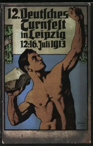 AK Leipzig, 12. Deutsches Turnfest 1913, Athlet mit Stein