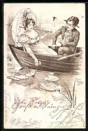 Künstler-AK Rudi Rother: Mann mit Zweispitz und elegant gekleidete Dame auf Ruderboot