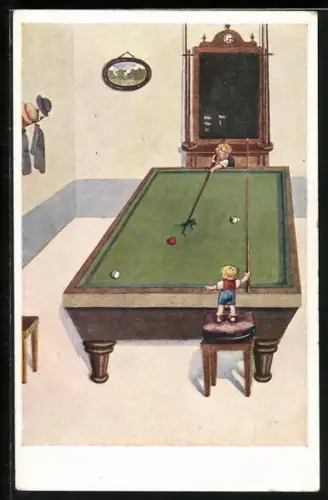 Künstler-AK Zwei Kinder beim Billardspiel