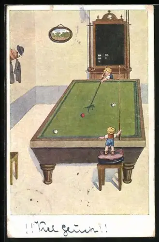 Künstler-AK Zwei kleine Kinder bei Billardspiel