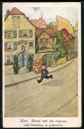 Künstler-AK Kind als Postbote mit grossem Blumenstrauss
