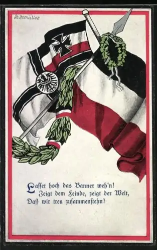 Künstler-AK Reichskriegsflagge und deutsche Nationalfahne mit Lorbeerkranz
