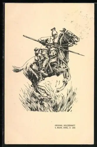 Künstler-AK Kavallerist bei Lanzenangriff