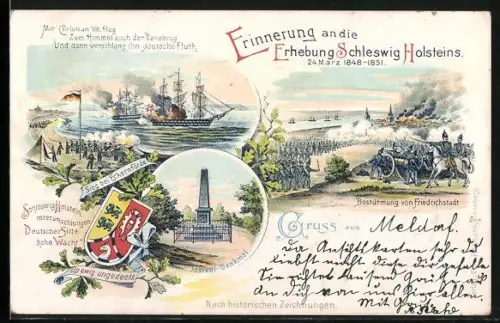 Lithographie Eckernförde, Erhebung 1848-1851, Kriegsschiffe im Gefecht, Idstedt-Denkmal, Wappen