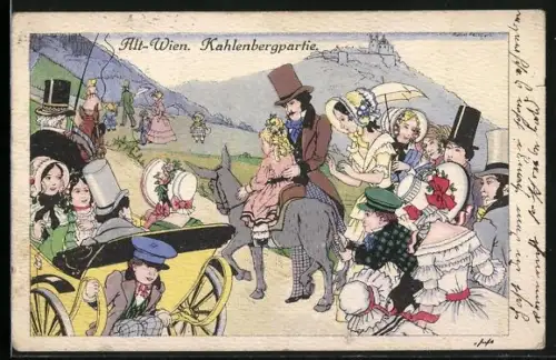 Künstler-AK Robert Philippi: Wien, Ausflügler ziehen zum Kahlenberg