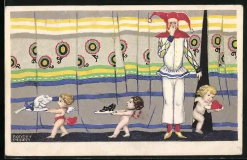 Künstler-AK Robert Philippi: Harlekin und drei kleine Engel auf der Bühne