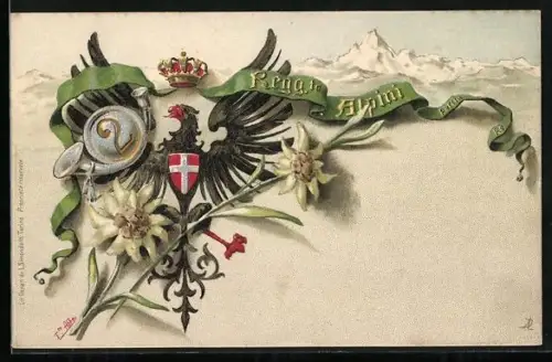 Künstler-AK 2. Regiment Alpini, Wappen, Edelweiss, Italien