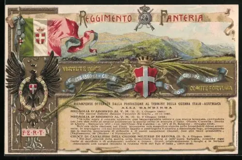 Lithographie 24° Reggimento Fanteria, italiensiches Infanterie-Regiment, Wappen, Fahne