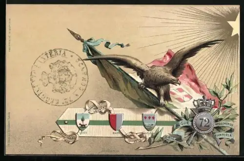 Lithographie Albenga, 72º Reggimento fanteria Puglie, Wappen mit Fahne und Adler