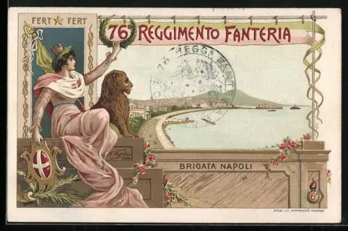 Lithographie Napoli, 76. Reggimento Fanteria, Brigata Napoli, Frau mit Löwenstatue