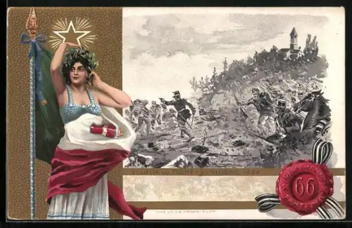 AK 66. Fanteria Reggimento, Italia mit Fahne und Soldaten während Schlacht