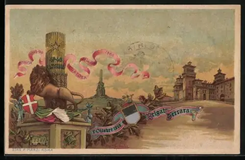 Lithographie Brigata Ferrara, Africa 1895-96, Custosa 1866, Löwe, Wappen