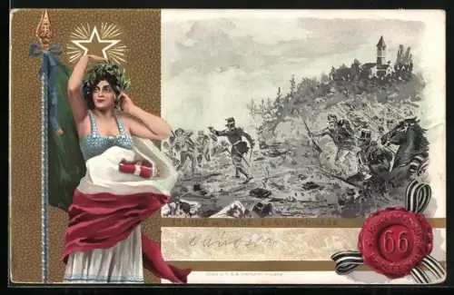 AK 66. Fanteria Reggimento, Italia mit Fahne und Soldaten während Schlacht