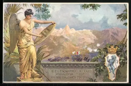 Künstler-AK Brescia, Infanterie-Regiment Mitraglieri Fiat, Engel und Wappen, Szene vom Schlachtfeld