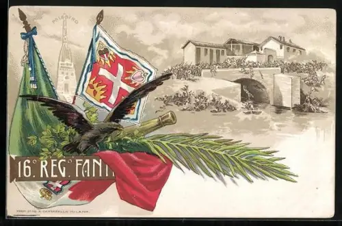 Lithographie Milano, Fahne des 16. Reg., Ortsansicht