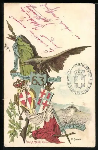 AK 63. Reggimento Fanteria, Schlachtszene Monte Groce, Adler mit Wappen und Fahne