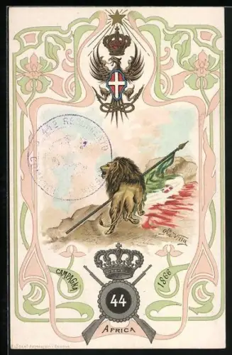 Künstler-AK 44°, Campagna 1866, Africa, italienisches Infanterie-Regiment, Löwe, Wappen