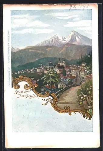 Lithographie Berchtesgaden, Blick über den Ort vom Wanderweg aus mit Blick zu den Bergen