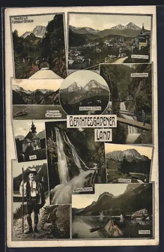 AK Berchtesgaden, Wanderer in Tracht, Gern, Almbachklamm, Hintersee, Wimbachklamm, Untersberg, Königssee Malerwinkel