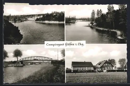 AK Güster i. Lbg., Wasserpartien, Brücke, Gebäudepanorama