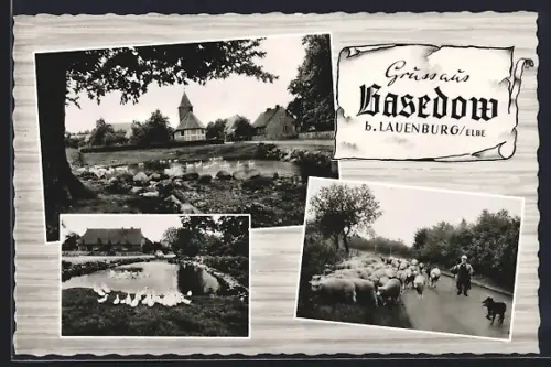 AK Basedow b. Lauenburg, Panorama mit Kirche und Teich, Schäfer