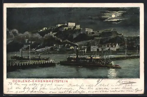 AK Koblenz-Ehrenbreitstein, Festung Ehrenbreitstein, Dampfschiff, Rhein bei Nacht, Mond