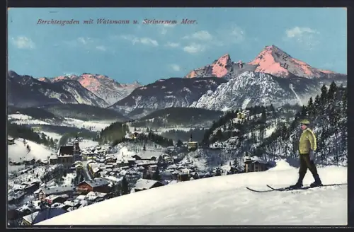 AK Berchtesgaden, Ortsansicht, Watzmann, Steinerne Meer, Winterlandschaft mit Skifahrer