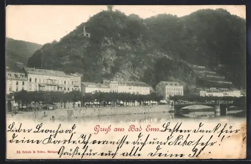 AK Bad Ems, Uferpanorama mit Brücke