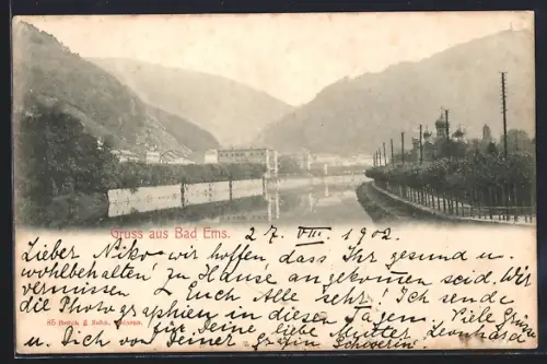 AK Bad Ems, Flusslandschaft mit Uferpromenade und Gebäuden