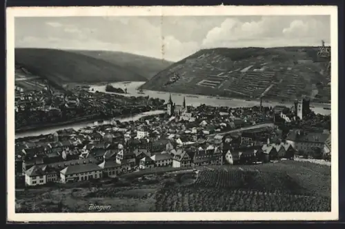 AK Bingen / Rhein, Stadtansicht am Rhein mit Weinbergen